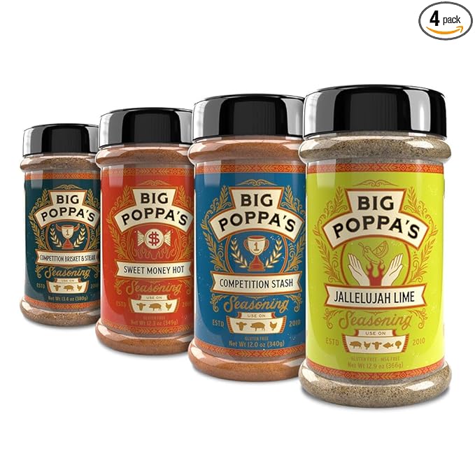 Big Poppa's Sweet Heat Flavor Bundle (4-Pack) - Featuring Sweet Money Hot, Competition Brisket & Steak, Competition Stash, and Jallelujah Lime Seasoning - Ultimate BBQ Seasoning Kit