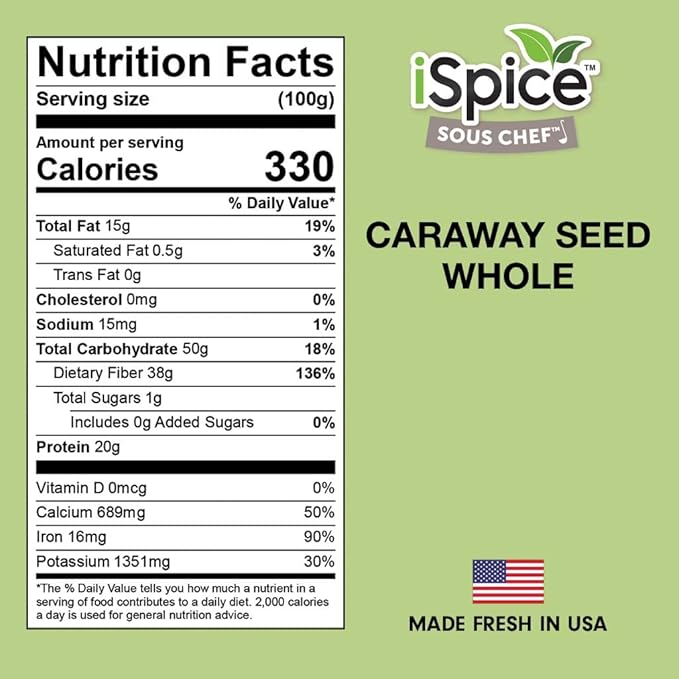 iSpice PREMIUM CARAWAY SEED | 6.2 Ounces Whole Caraway Seed Non-GMO No Fillers, No Agents, Black Caraway Seeds Essential Kitchen Herbs |5oz (140g)
