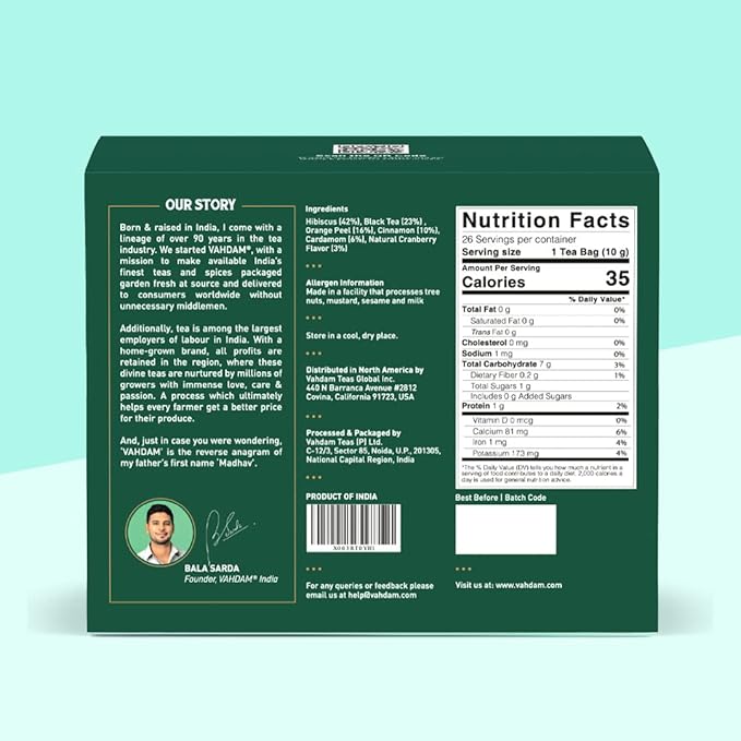 Hibiscus Cranberry Iced Tea Bags (26 Pitcher Tea Bags/52 Quarts) Zero Added Sugar | Naturally Sweet | Blended w/Hibiscus & Cranberry | Best for Mocktails & Cocktails | Biodegradable Tea Bags | VAHDAM