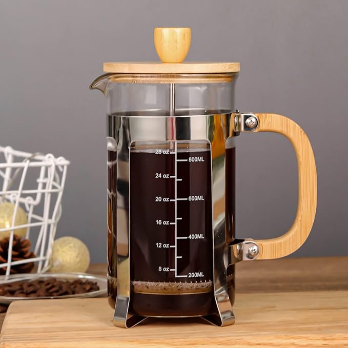 Sivaphe 34 oz French Press Coffee/Tea Maker with Bamboo Lid and Hand Stainless Steel High Borosilicate Glass 1000ml Coffee Brewer Set