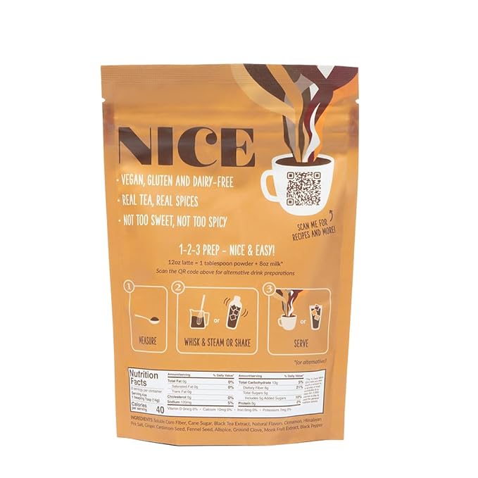 Two Leaves and a Bud Nice Chai Latte Mix, Powdered Chai Latte Tea Mix, Vegan, Dairy Free, Low Sugar, Iced or Hot Lattes | 1 Resealable Bag, 3.95 oz | 8 servings