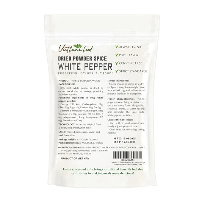 WHITE PEPPER POWDER 5.29 Oz (150g) VIETFARMFOOD: Natural pure, convection dried seasoning made from real vegetables - perfect for adding flavor to any meal, from cooking, baking, salads, soups, sauces