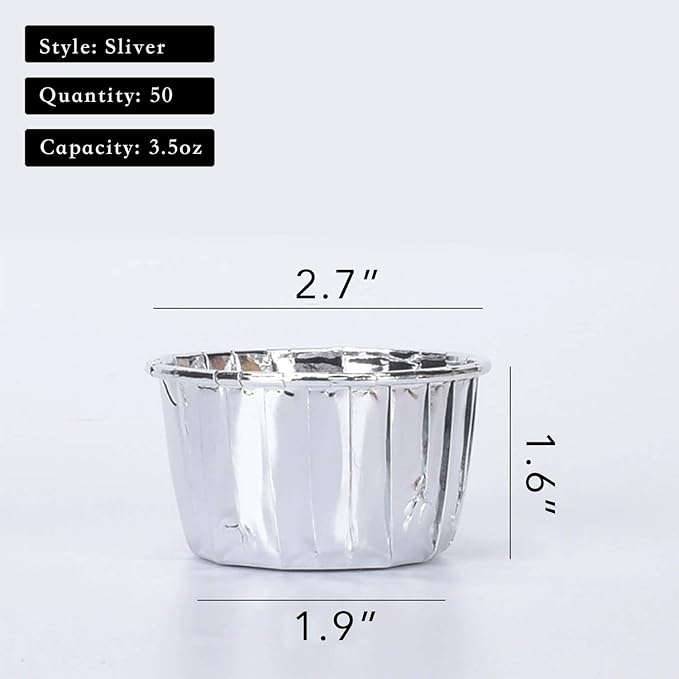 Party Hippo Cupcake Cups, 3.5 Oz 50 pcs Disposable Foil Muffin Liners, Gold Cupcake Baking Cups, Ramekin Aluminum Cupcake Tip Pan Ramekin Holders, Little Baking Cups (Sliver)