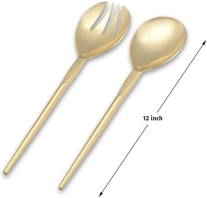 Folkulture Serving Utensils for Modern Serving and Cooking, Stainless Steel Kitchen Salad Servers or Salad Tongs, 12-Inch Serving Spoon and Fork Set for Salad, Gravies or Pasta, Gold/Brass Finish