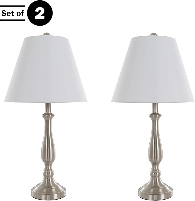 Brushed Steel Table Lamps - Set of 2 Traditional Accent Lights with LED Bulbs - Home Décor for Bedroom, Living Room, Office, or Entry by Lavish Home