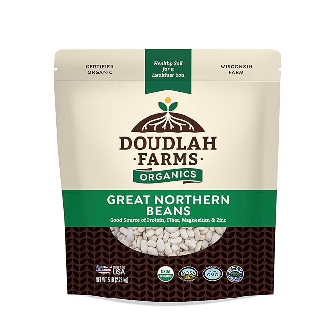 Organic Great Northern Beans 5lb Bulk by Doudlah Farms - Farmed From Regenerative Soil - Tested Clean Certified - Vegan, Non-GMO, Grown In USA - Fiber & Protein for Soups, Burritos, Salads, and Chili