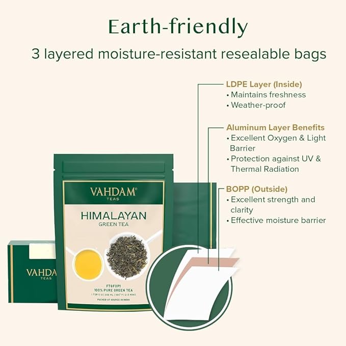 VAHDAM, Himalayan Green Tea Leaves (50+ Cups, 3.53 Oz) Non GMO, Gluten Free | High Elevation Grown Green Tea Leaves From Himalayas | Pure Unblended Single Origin Green Loose Leaf Tea | Vacuum Sealed