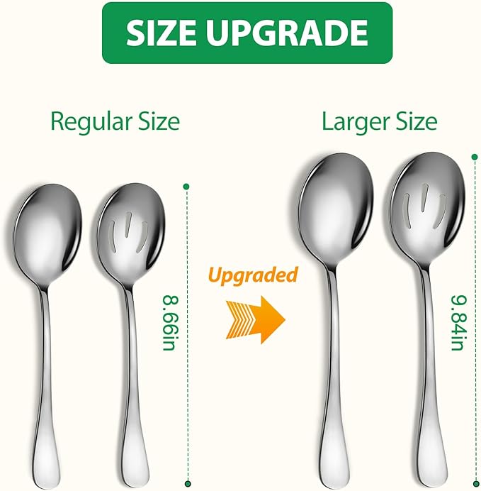 4 Piece Stainless Steel Serving Spoons Set, 10-Inch, Includes 2 Large, 2 Slotted, for Parties/Kitchen/Buffet/Catering, Dishwasher Safe