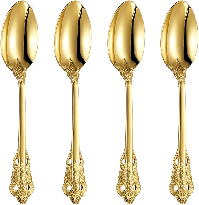 KEAWELL Luxury 7" Tea Spoon, Set of 4, 18/10 Stainless Steel, Sturdy Dessert Spoon, Gorgeous Design with Exceptional Mirror Polished Finish (Gold)
