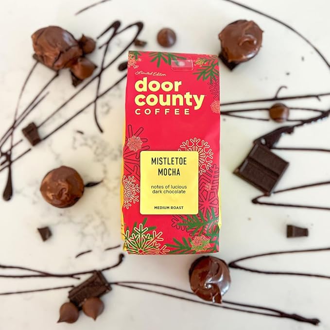 Door County Coffee Mistletoe Mocha Flavored Coffee Ground - 8 oz Bag - Holiday Seasonal - Medium Roast - 100% Specialty Arabica - Dark Chocolate Flavor