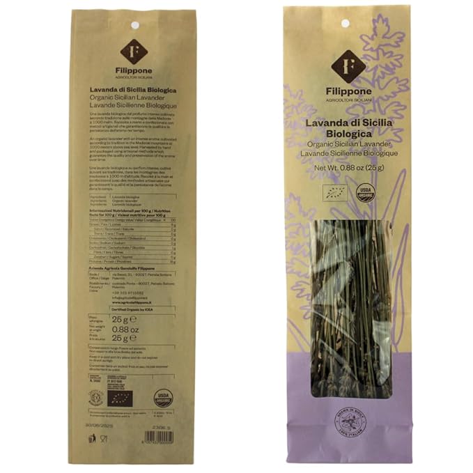 Filippone짰 Organic Dried Lavender Bunch 25 g (0.88 oz), Freshly Grown in The Mountains of Sicily, Culinary Lavender, Italian Dried Lavender Branches, Herb, Spices, Certified USDA Organic