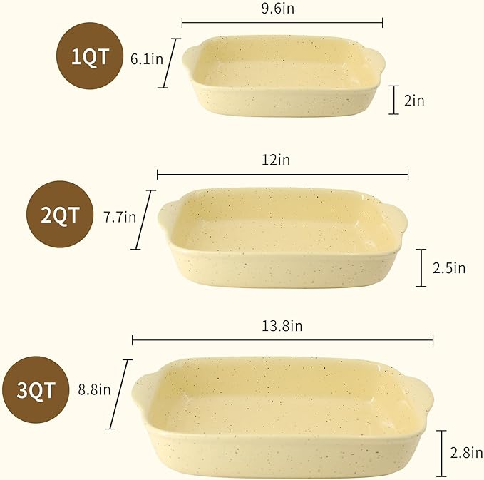 Casserole Dish Set of 3,Ceramic Bakeware for Oven,Rectangular Baking Dishes with Handles,High Heat Resistant,Colorful Speckle Stoneware Series (13.8''/12''/9.6''Yellow)