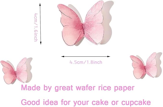 YOcity 48Pcs Edible Butterflies Cake Cupcake Toppers Pink Wafer Paper Butterfly Cake Decorations for Wedding Birthday Party Cupcakes Decorating Pink