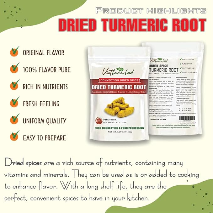DRIED TURMERIC ROOT 5.29 Oz (150g) VIETFARMFOOD: Natural pure, convection dried seasoning made from real vegetables - perfect for adding flavor to any meal, from cooking, baking, salads, soups, sauces