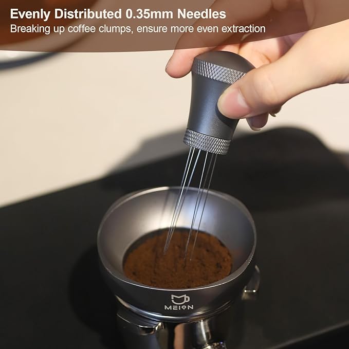 WDT Espresso Distribution Tool Espresso Stirrer Tools for Barista, 0.35mm 7 Needles Espresso Coffee Stirrer with Extra 7 Replaceable Needles, Aluminum Alloy Handle with Stand (Grey)