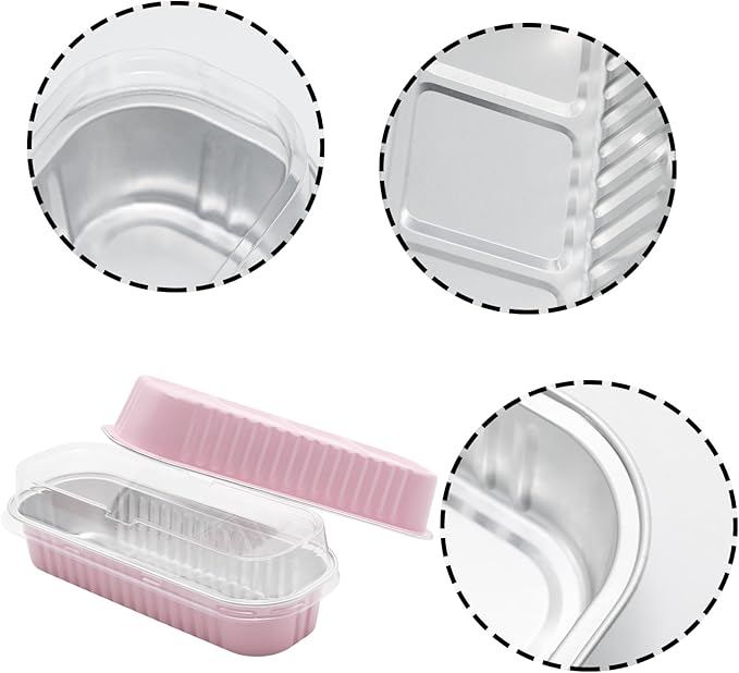 100 Pack 6.8oz Aluminum Cake Pans with Lids Rectangle Mini Loaf Pans Baking Cups Disposable Cupcake Baking Tins with 100 Pcs Plastic Spoons, Pink