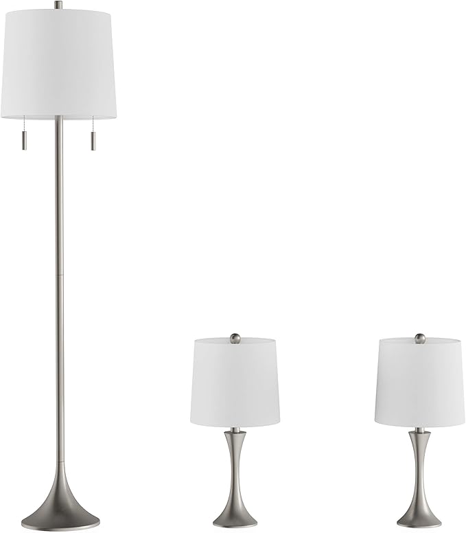 3-Piece Floor and Table Lamp Set - Mid-Century Modern Metal Lamps with Flared Trumpet Base and Energy Saving LED Light Bulbs by Lavish Home (Silver)
