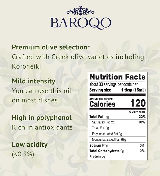 Baroqo Extra Virgin Olive Oil 3L Bag in Box Cold Pressed Olive Oil in Bulk from Greek Koroneiki Olives Robust Fruity Flavor, Fresh EVOO Ideal for Cooking and Salads