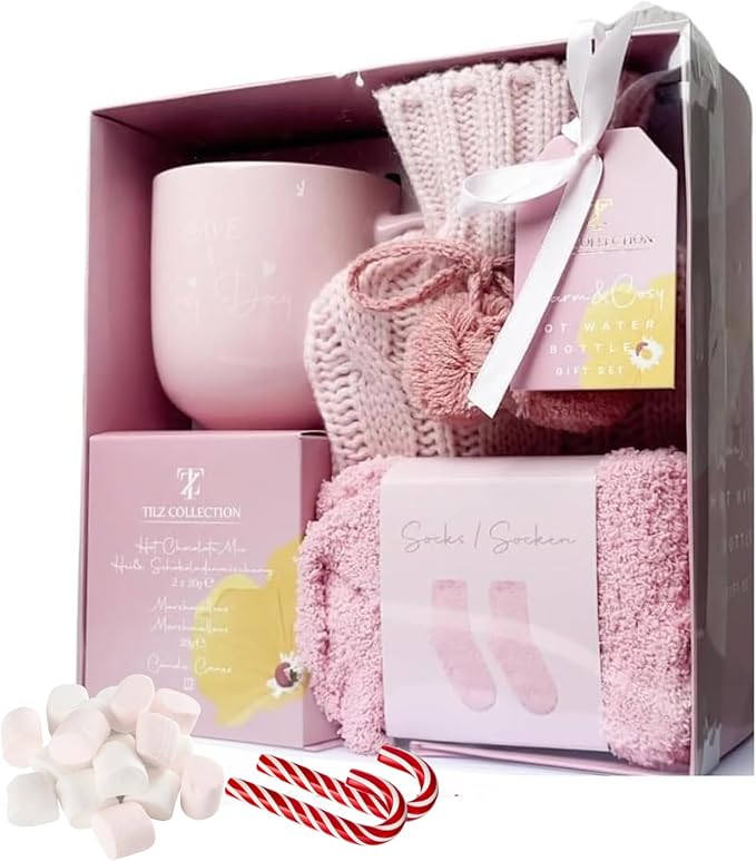 Gifts For Women - Hot Chocolate Gift Sets |Hot Cocoa Gift Sets With Mug, Mini Hot Water Bottle, Socks, Marshmallows For Hot Chocolate, Candy |Gourmet Hot Chocolate Gift Set