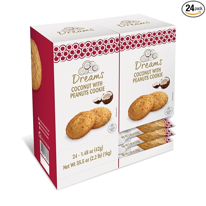 Coconut Cookie with Peanuts Cookie -Healthy Snacks, Gluten-Free, Protein and Nutrient Packed – DREAMS COCONUT – 1 box with 24 units (x 1.48oz/42g), 35.52oz/ 1008g