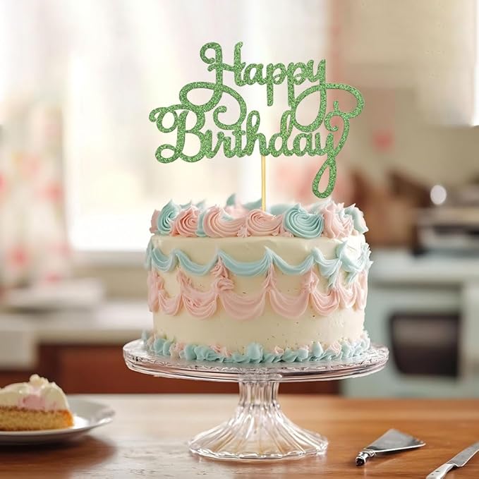 1 PCS Happy Birthday Cake Topper Glitter Anniversary Cake Picks Happy Birthday Cake Decorations for Baby Shower Celebrating Birthday Party Decorations Supplies Green