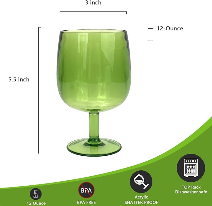 Yalin Set of 6 Unbreakable 12 oz Acrylic Plastic Wine and Water Tumbler Stackable Goblets. (Green, 12 oz)