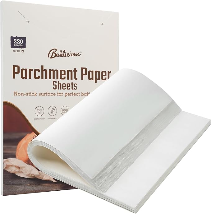 220 Pcs 9x13 In Parchment Paper Sheets, Baklicious Pre-Cut Non-Stick Parchment Baking Paper for Air Fryer, Oven, Bakeware, Steaming, Cooking Bread, Cupcake, Meat, Cookies