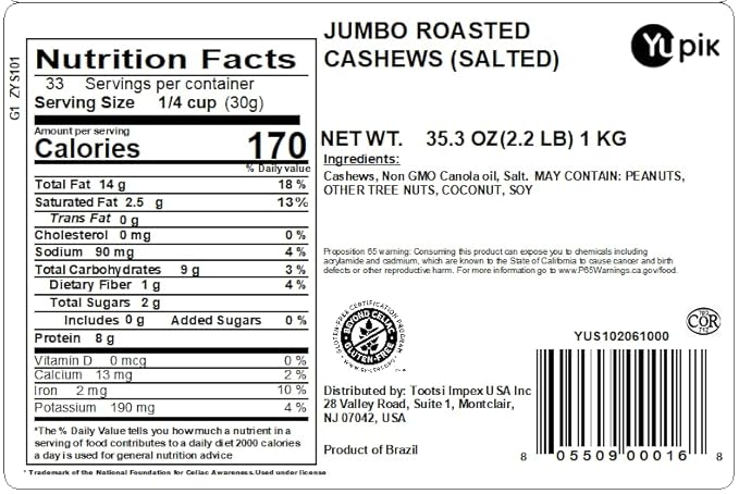 Yupik Roasted Salted Jumbo Cashews, 2.2 lb (35.2 oz), Gluten-Free, Kosher, Vegan, Large Crunchy Nuts, Lightly Seasoned with Salt, Source of Protein & Iron, Savory Snacks