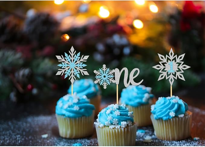 24PCS Glitter Snowflake Cupcake Toppers, Frozen One Cake Topper for Winter 1st Birthday Decorations, Baby Shower Decorations