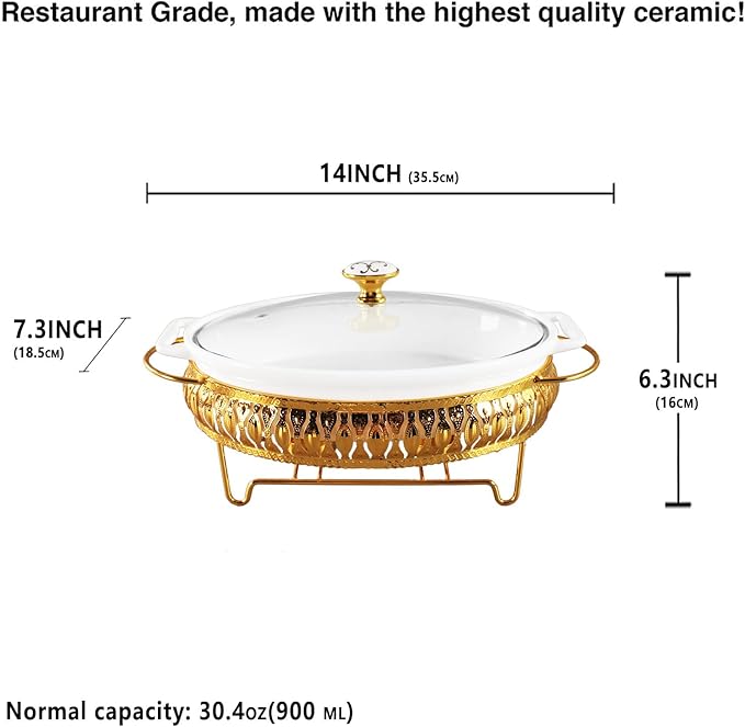 10" x 7" Ceramic Oval Casserole Dish with Glass Lid and Gold rack, 30 Ounce White Serving Soup Tureen,Chafing Dish for Buffet, Family Food preserve Tray, Catering Casserole for Party Style