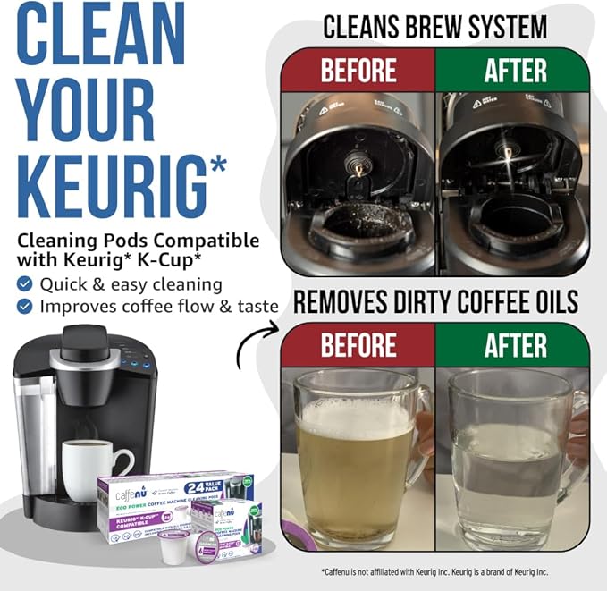 Keurig Compatible Cleaning Pods. 24 Rinse Pods Cleaner Kit. Eco Friendly, Removes Stale Coffee Residue & Stains. Keurig 1.0 & 2.0 Coffee Makers.