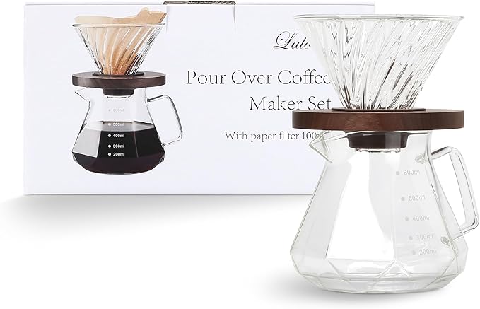 Pour Over Coffee Maker, 20 oz Borosilicate Glass Carafe with 100 pcs V60 Paper Filter by Gsform, Walnut Handle & Glass Lid, Drip Coffee Maker for Home Caf챕 Restaurant Camping, 600 ml, Clear