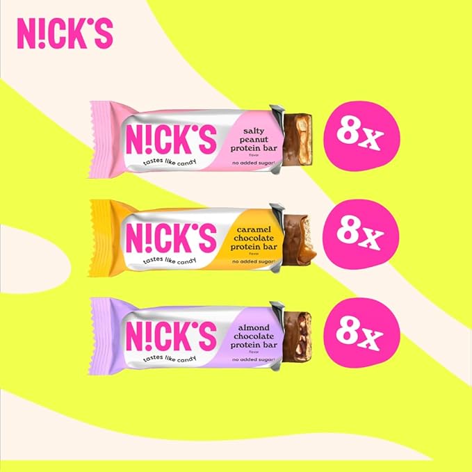 Nick?™s Variety Protein Bars ??24-Count Box |Salty Peanut, Caramel and Almond Chocolate, High Protein, Low Calories, Low Carbs, Keto Friendly, No Added Sugar