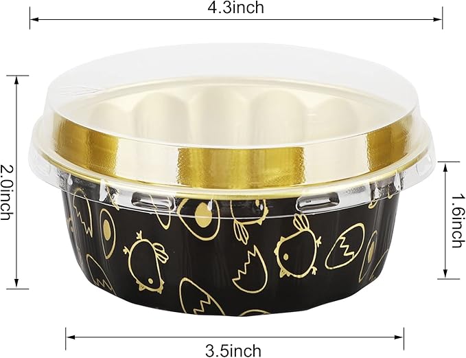 Beasea 8oz Disposable Cupcake Cups with Lids, 50 Pack Ramekins Foil Cupcake Cups Black Gold Aluminum Foil Cups Creme Brulee Muffin Cupcake Baking Cup Mini Pudding Cake Tins for Party Wedding Birthday