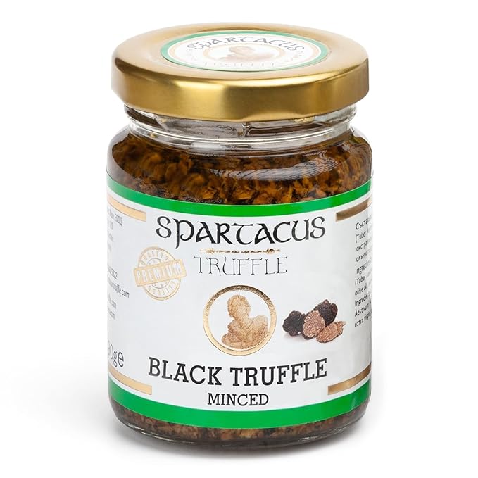 Spartacus Black Truffles Preserved in Extra Virgin Olive Oil - Perfect Gourmet Seasoning for Pizza, Pasta, Salads, Potatoes, Meat and Eggs - Vegan and Gluten Free (3.17 oz)