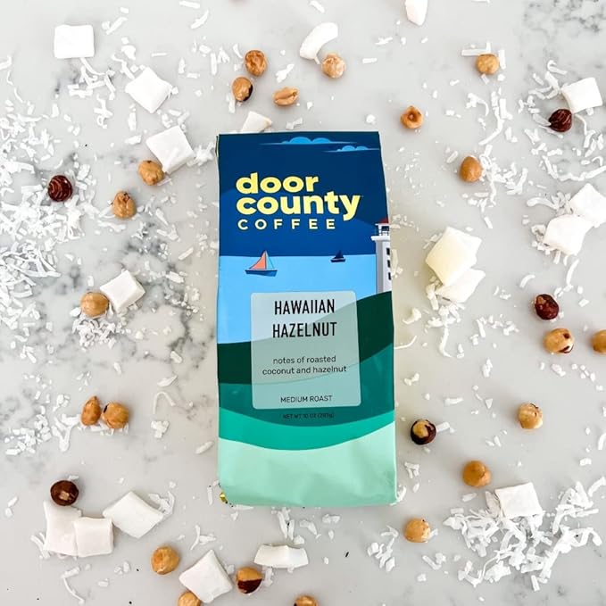 Door County Coffee Hawaiian Hazelnut Flavored -10oz Bag - Ground Medium Roast - 100% Arabica - Hawaiian Hazelnut