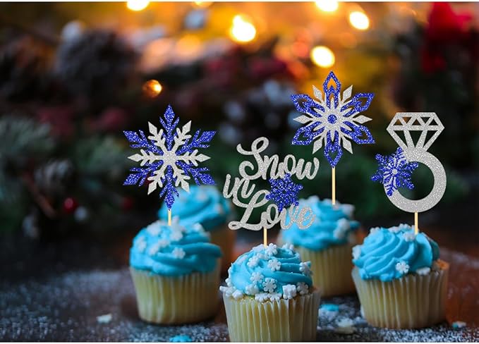 24PCS Snow in Love Cupcake Toppers for Winter Snowflake Decorations, Frozen Snowflake Love Cake Toppe for Bridal Shower Party Decorations (Love B)