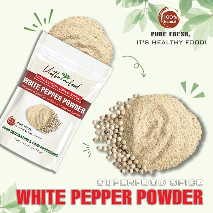 WHITE PEPPER POWDER 5.29 Oz (150g) VIETFARMFOOD: Natural pure, convection dried seasoning made from real vegetables - perfect for adding flavor to any meal, from cooking, baking, salads, soups, sauces