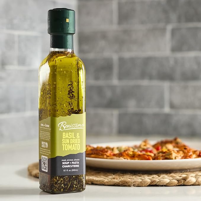 Benissimo Basil and Sun Dried Tomato Herb Infused Oil, All Natural Gourmet Cooking Oil with Garden-Fresh Herbs, Ideal for Dipping, Sautéing, Drizzling, 8.1 fl oz