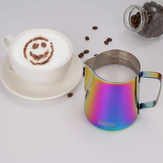 Milk Frothing Pitcher, 20oz Espresso Steaming Pitchers Stainless Steel Cappuccino Coffee Machine Accessories Barista Tools Steam Froth Pitchers Milk Jug Cup with Decorating Pen Latte Art, Rainbow
