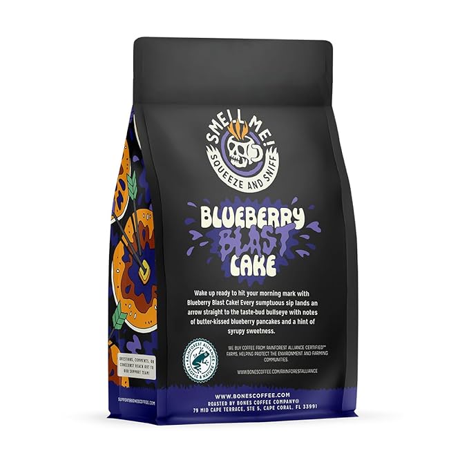 Bones Coffee Company Blueberry Blast Cake, Blueberry Pancakes Flavored Coffee, Medium Roast Low Acid Arabica Beans Compatible with Auto drip and French Press Coffee Maker, 12 Oz Whole Bean