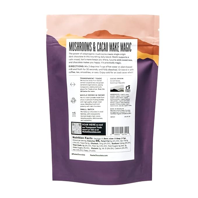 Raaka Cocoa Magic Mushroom Hot Chocolate Blend with Lion?™s Mane, Reishi and Lucuma - Gourmet Adaptogenic Mushroom Hot Chocolate - Organic, Vegan, Low Sugar, Gluten Free, Kosher - 5 oz. Bag (8 Servings)
