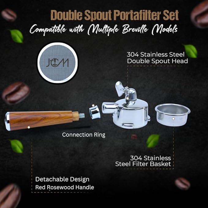54mm Espresso Double Spout Portafilter 3 Ears Red Rosewood Handle compatible with Breville espresso machines Includes Stainless Steel 18g Filter Basket & 1.7mm Puck Screen (54mm Red Double Spout)