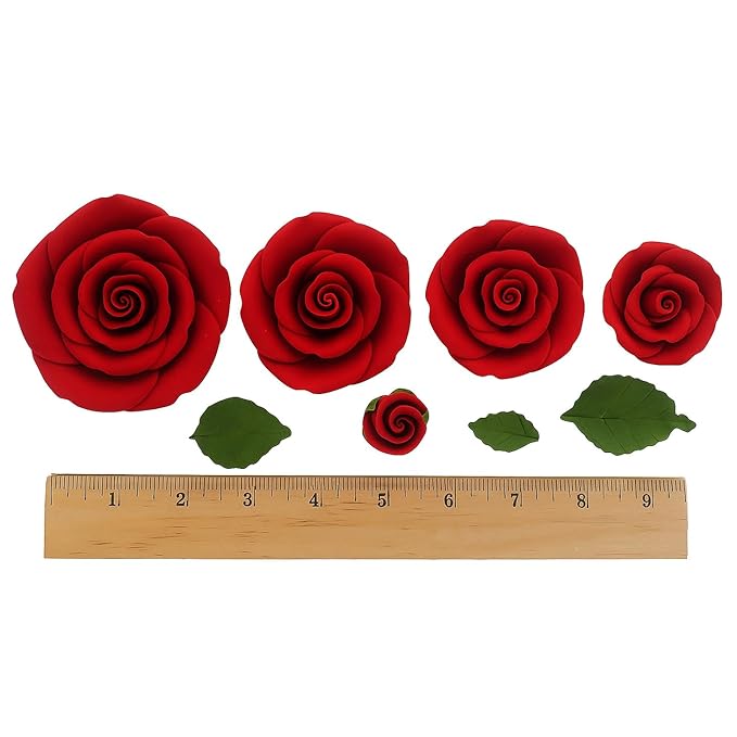 Global Sugar Art Edible Exquisite Rose & Leaf Tray Sugar Cake Flowers, Red Unwired, 5 Count by Chef Alan Tetreault