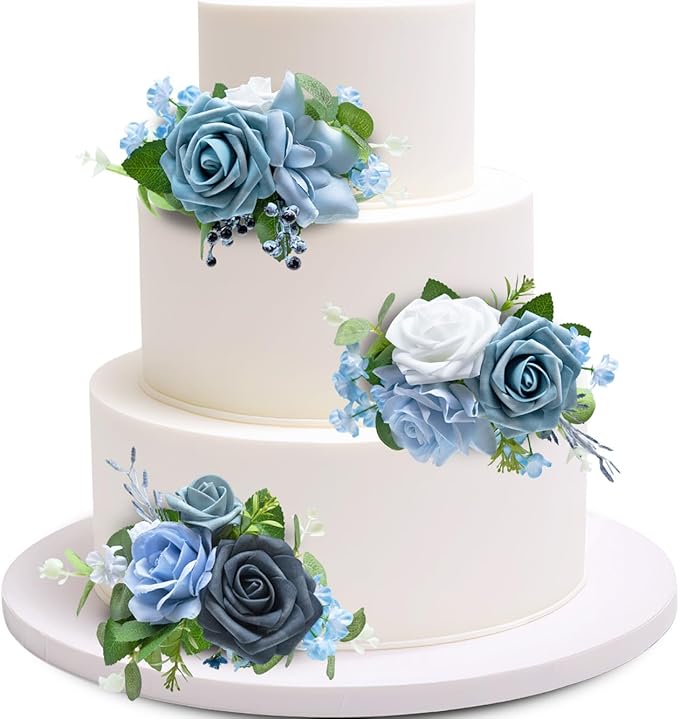 Marriwise 3Pcs Pre-made Cake Toppers Flowers, Light Blue Wedding Cake Decoration, Artificial Flowers Decor for Wedding Ceremony Anniversary, Birthday Party, Outdoor (Light Blue)