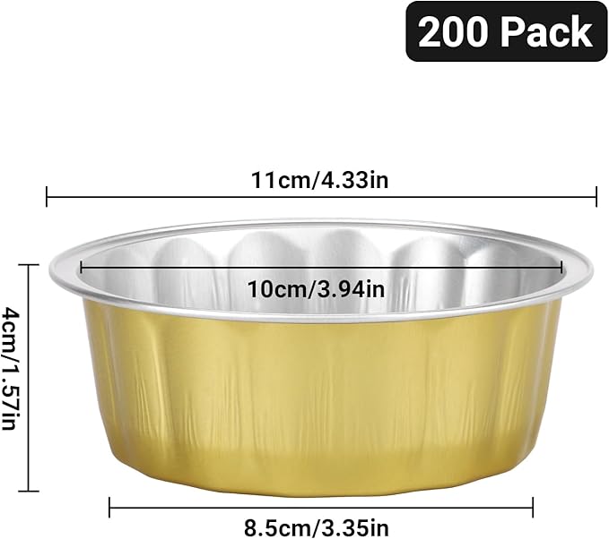 Beasea Disposable Aluminum Ramekins, 8oz 200 Pack Ramekins Foil Baking Cups 3.9" Ramekin Cup Cupcake Aluminum Mini Baking Cups for Party - Golden