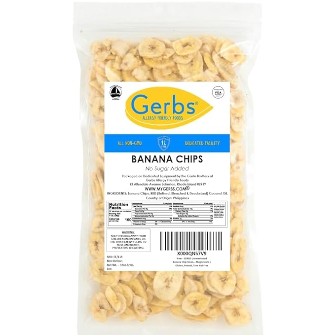 Gerbs Unsweetened Banana Chips 2 lbs. | Unsulfured, No Additives, Resealable Bag | Naturally Crisp & Mildly Sweet | Top 14 Allergen-Free