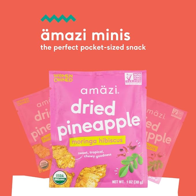 Am채zi Foods | Dried Pineapple - Moringa Hibiscus (12 Pack) | All Natural Mini Travel Snacks | No Sugar Added Dried Pineapple | Dehydrated Fruit