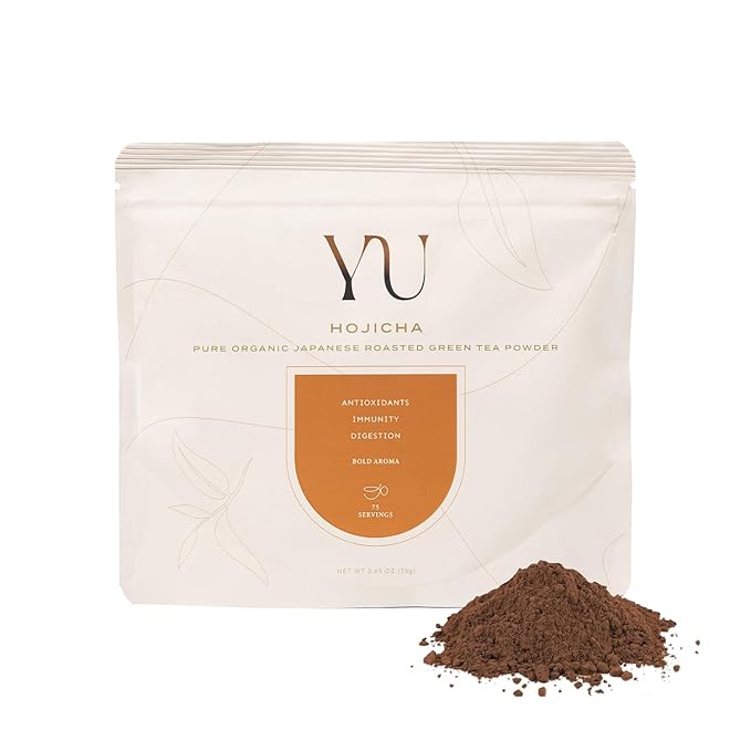Yu Tea Organic Hojicha Green Tea Powder | Rich in Antioxidants & EGCG | Pure Japanese Roasted Green Tea | Low Caffeine & Unsweetened Matcha Alternative | Resealable Pouch, 2.65 oz, 75 Servings