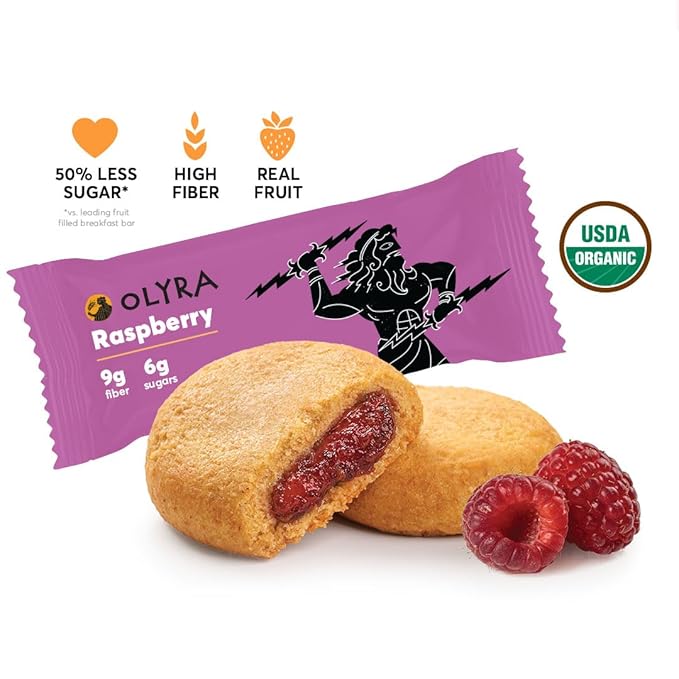 Olyra Raspberry Fruit Bars, Prebiotic High Fiber Snack, Organic Snack, Healthy Snacks for Adults and Kids, Low Sugar, Vegan, Office Breakfast Bars, USDA Certified Organic, Non GMO (Pack of 24)